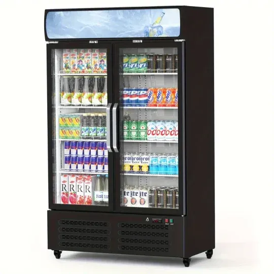 Refrigerador comercial para bebidas HUFY de 26.2 pies cúbicos con 2 puertas de vidrio, enfriador vertical para bebidas con iluminación LED, estantes ajustables y organizadores de bebidas, enfriamiento de 32 a 50