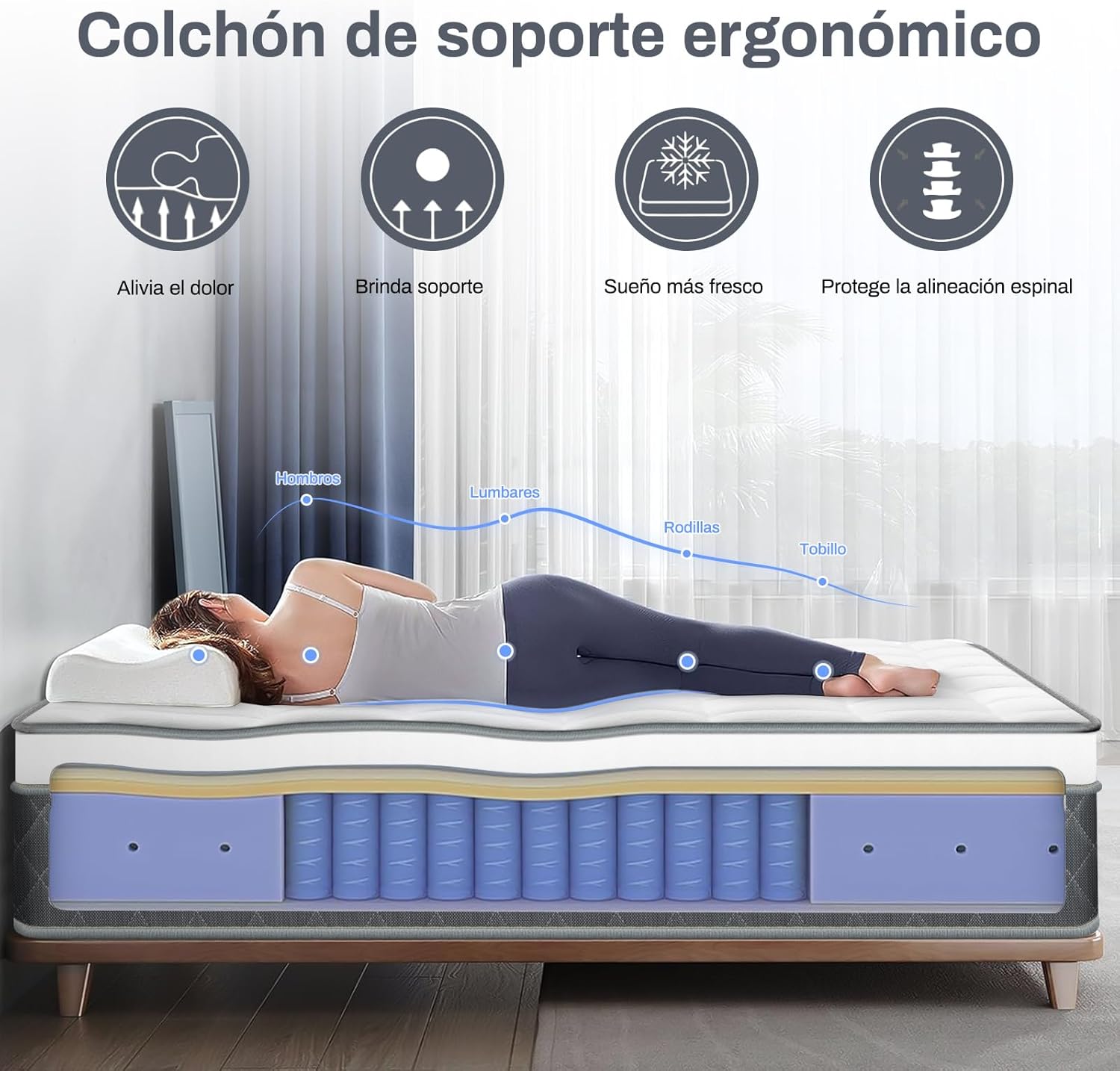 Colchón de Muelles con Espuma Texturizada,Altura 35cm,Colchón Híbrido,Espumas de Alta Calidad para un Mejor Descanso,Soporte y Alivio de Presión (Gris, Queen)