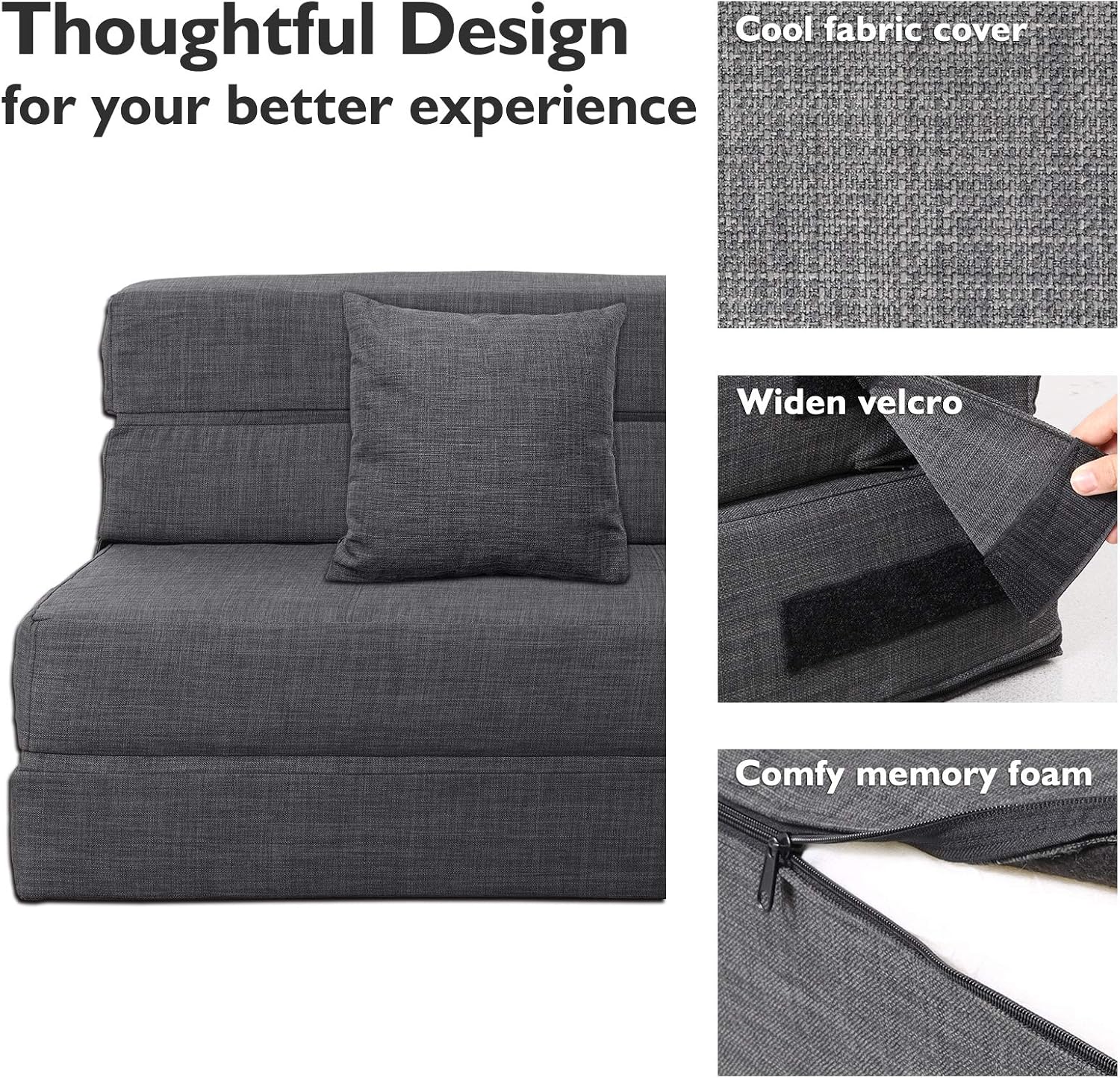 Silla reclinable Anoner, sofá cama plegable de 152 cm, diván con 2 cojines, funda lavable de espuma viscoelástica tamaño queen, color gris claro