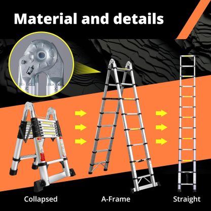 EvaStar - Escalera telescópica con marco A, escaleras telescópicas de aluminio ligeras con estabilizadores triangulares, barra estabilizadora y ruedas, escalera de extensión de capacidad de 350 libras
