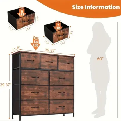 Cómoda Organizadora de Dormitorio de 9 Cajones de Tela - Parte Superior de Madera Resistente, Marco Engrosado, Amplio Almacenamiento para Guardarropas, Habitaciones y Pasillos