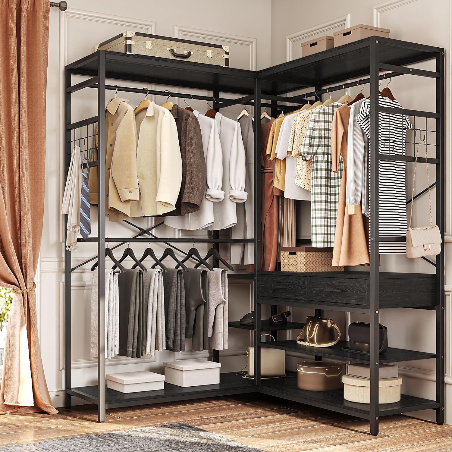 Simple Wisdom Closet Armables Para Ropa,2M Perchero Para Ropa Esquina en Forma de L,Closet Para Ropas Con 2 Cajones de Madera,Rack Para Ropas Con 5 Estantes Abiertos (Negro)