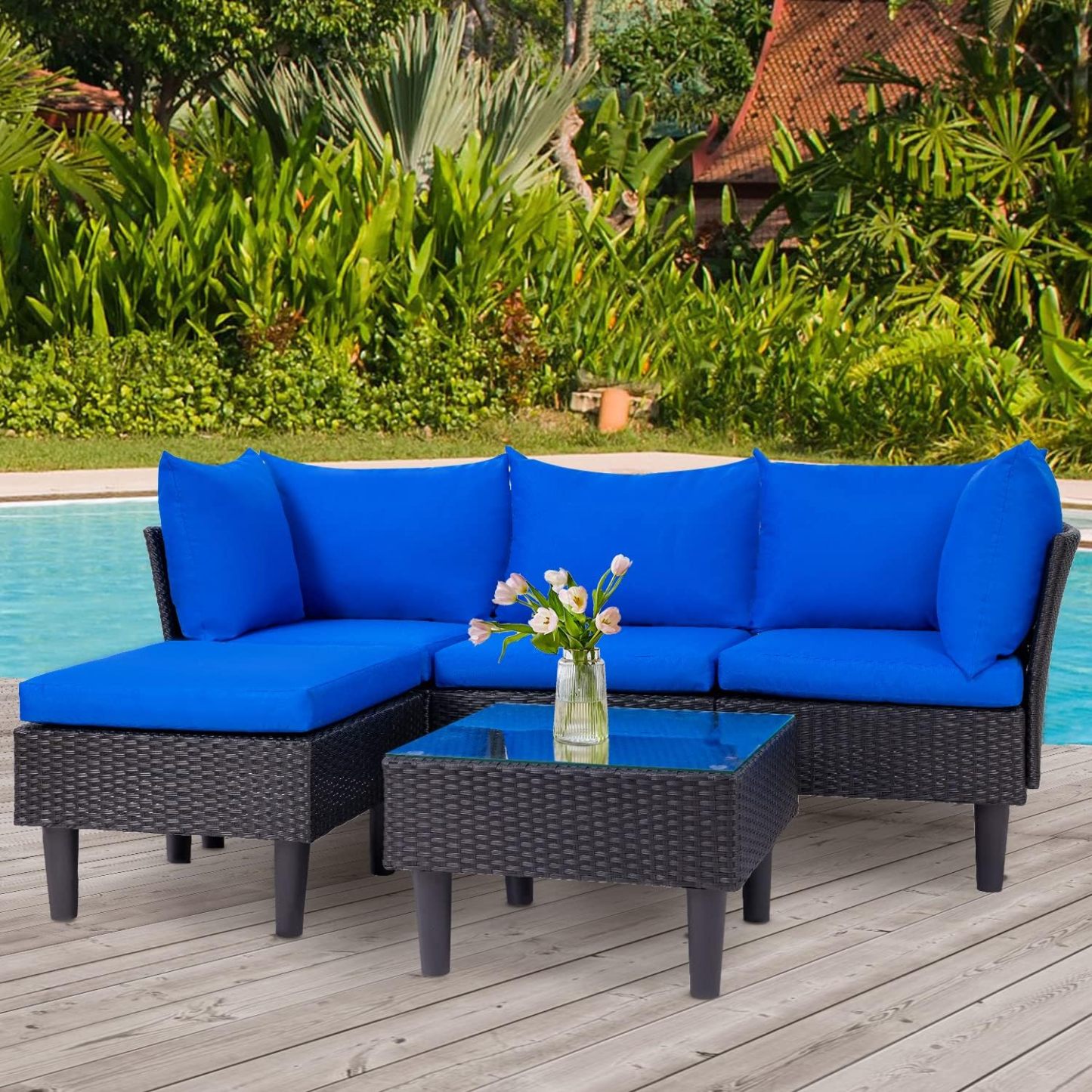 FDW - Juego de 4 muebles para exteriores, juego de conversación de mimbre con silla de ratán, mesa de centro para exteriores, interiores, jardín, patio, porche, terraza, balcón, cojines de mimbre