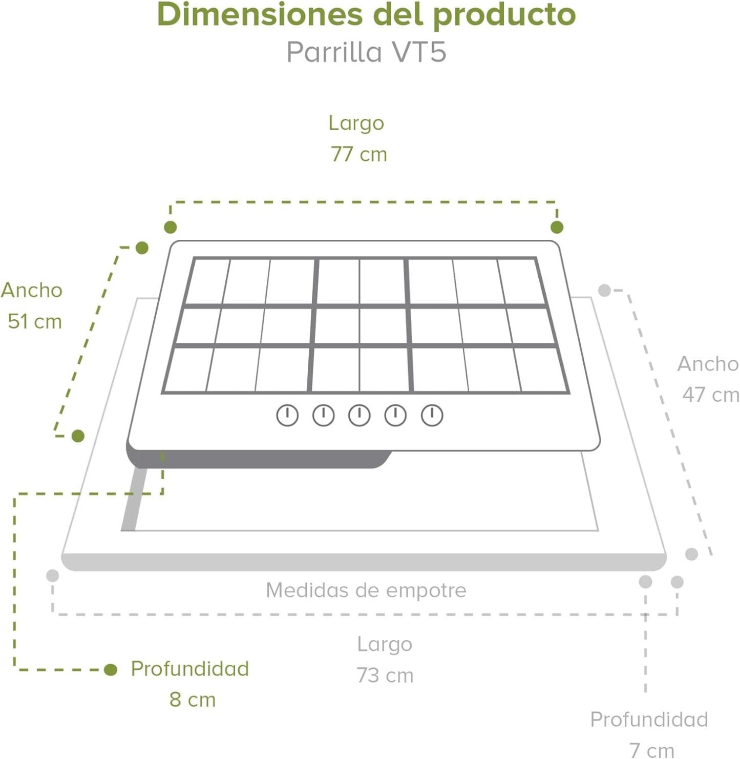 Combo Parrilla de Gas 5 Quemadores VT5, Campana Cocina para Isla 76 cm CEN76C, Horno de GAS NATURAL Empotrable HE01NAT AVERA