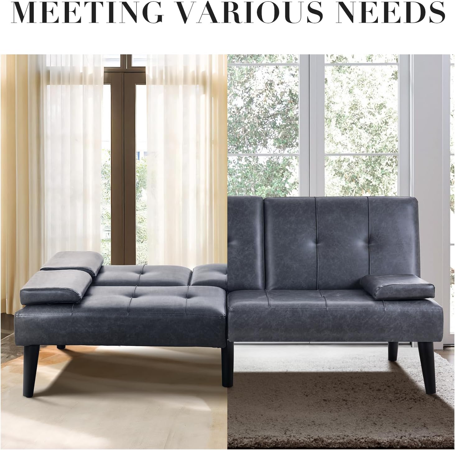 COLAMY - Sofá Cama de futón pequeño, de Piel, futón, sofá de salón, futón Convertible con Soporte para Tazas, reposabrazos extraíble, Respaldo Ajustable, Gris Oscuro