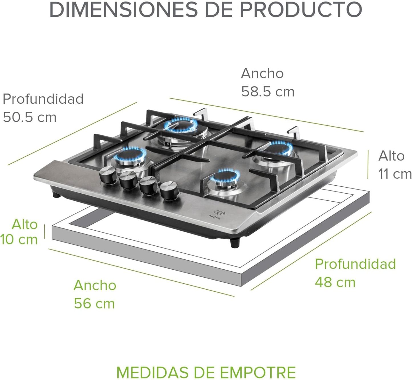 AVERA Parrilla de Gas 4 Quemadores, Acero Inoxidable 60cm (Incluye Accesorios para Instalarla), Encendido Electronico, Perillas Metalicas, Estufa Empotrable, para Gas LP y Gas Natural, AI4
