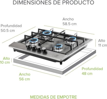AVERA Parrilla de Gas 4 Quemadores, Acero Inoxidable 60cm (Incluye Accesorios para Instalarla), Encendido Electronico, Perillas Metalicas, Estufa Empotrable, para Gas LP y Gas Natural, AI4