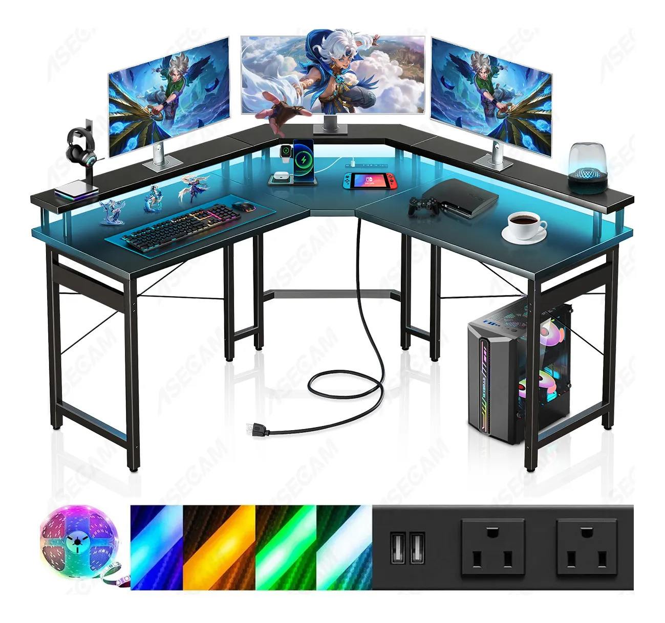 Escritorio Gamer En Forma De L Con Luz Led , Toma Y Soporte