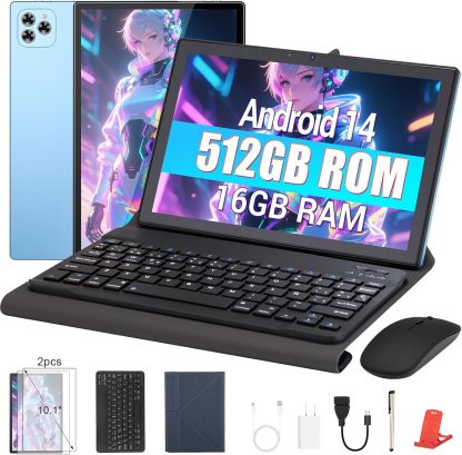 Tablet Android 14, 10.1 Pulgadas Tablets de 8 CPU, 16GB RAM 512GB ROM, 1280x800 HD, Tableta con Cámara Dual 8MP + 5MP, 8000mAh con 2 Protector Pantalla, Teclado, Funda, Mouse Inalámbrico, Lápiz (Azul)