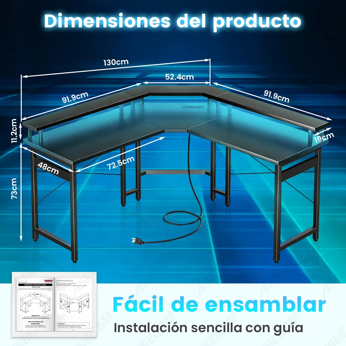 Escritorio Gamer En Forma De L Con Luz Led , Toma Y Soporte