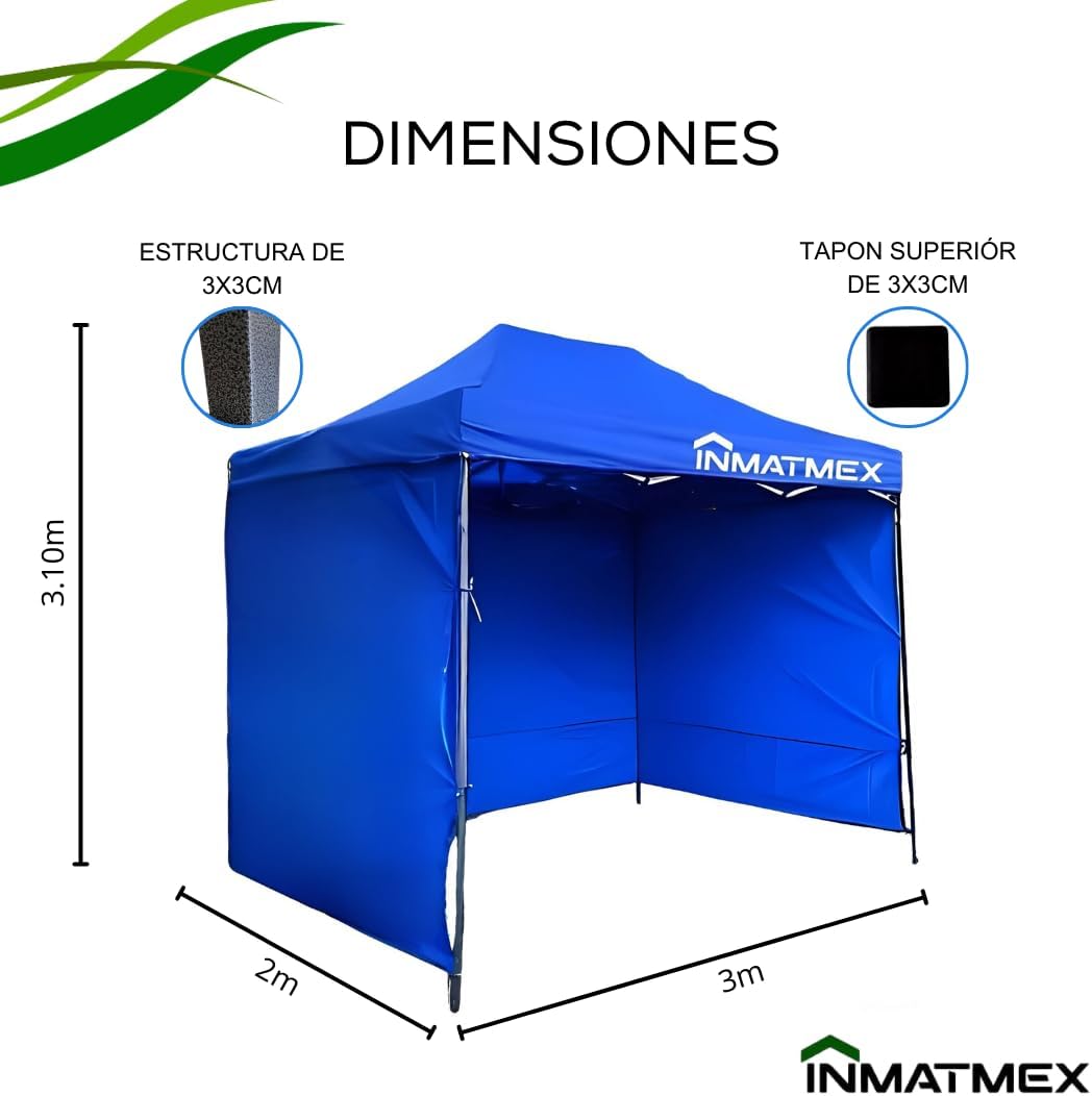 INMATMEX Toldo Carpa 2x3 Impermeable Plegable con Armazón Color Azul, Paredes, Carpa Plegable para Exteriores, Lona Plegable de Acero, Lona Impermeable para Jardín Casa Exterior Facil Armado