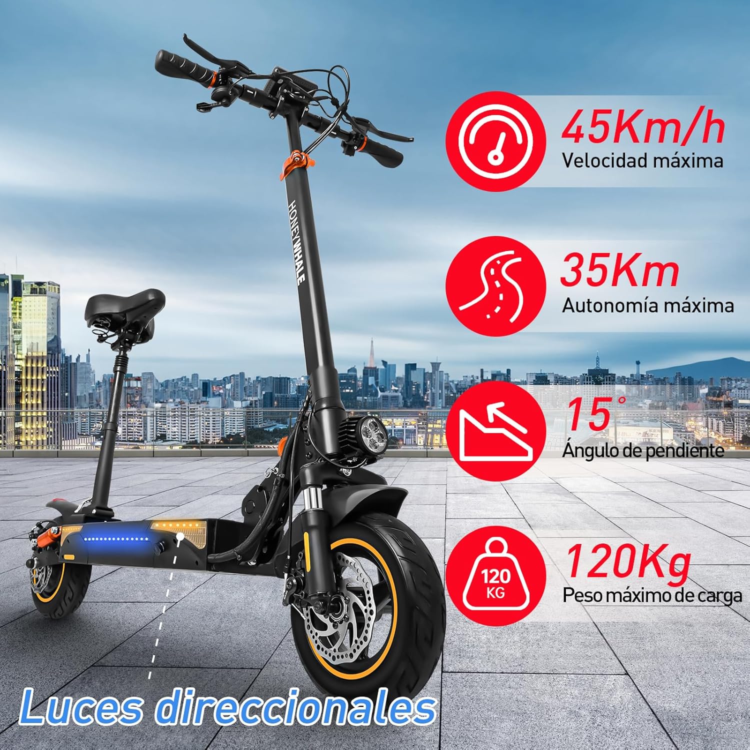 HONEYWHALE T4A Scooter Eléctrico Plegable para Adultos, Patin electrico con Motor de hasta 750W, Velocidad Máxima 40-45KM/H, Capacidad de la Batería 10AH, Autonomía 30-35KM（con Asientos）