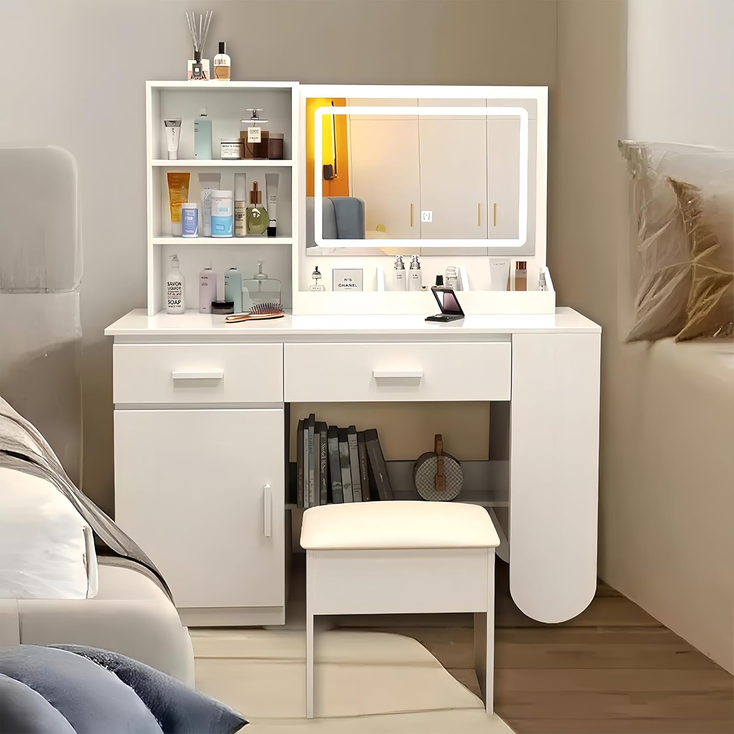 Tocador Vanity de Maquillaje con Espejo,Vanity Tocador con 2 Cajones,Estantes de Almacenamiento,Taburete Acolchado,Tocador con 3 Estantes, Mesa de Maquillaje para Dormitorio 40X100X132CM(Madera)