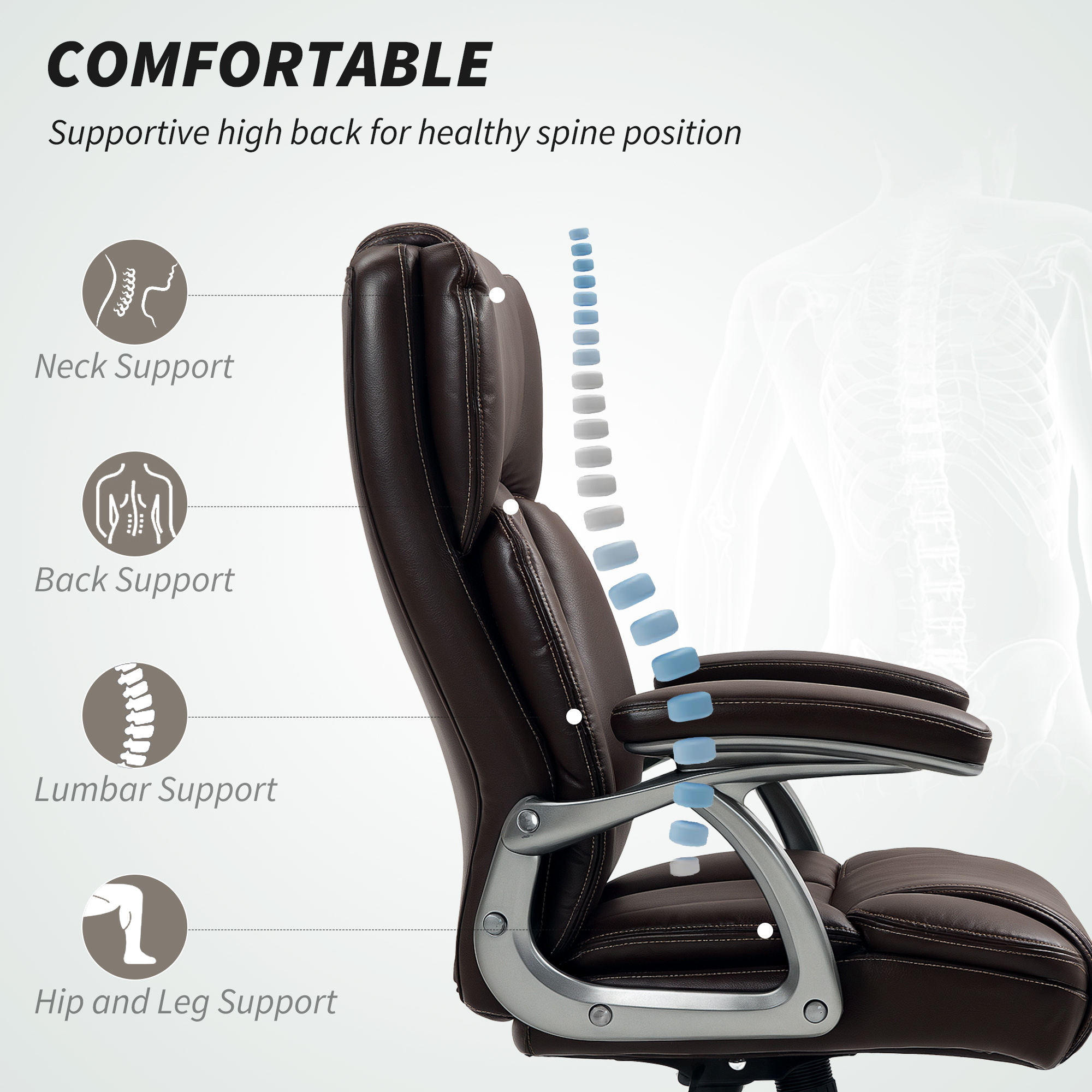HOMCOM Silla de Oficina con Respaldo Alto, Silla de Ordenador Giratoria Inclinable