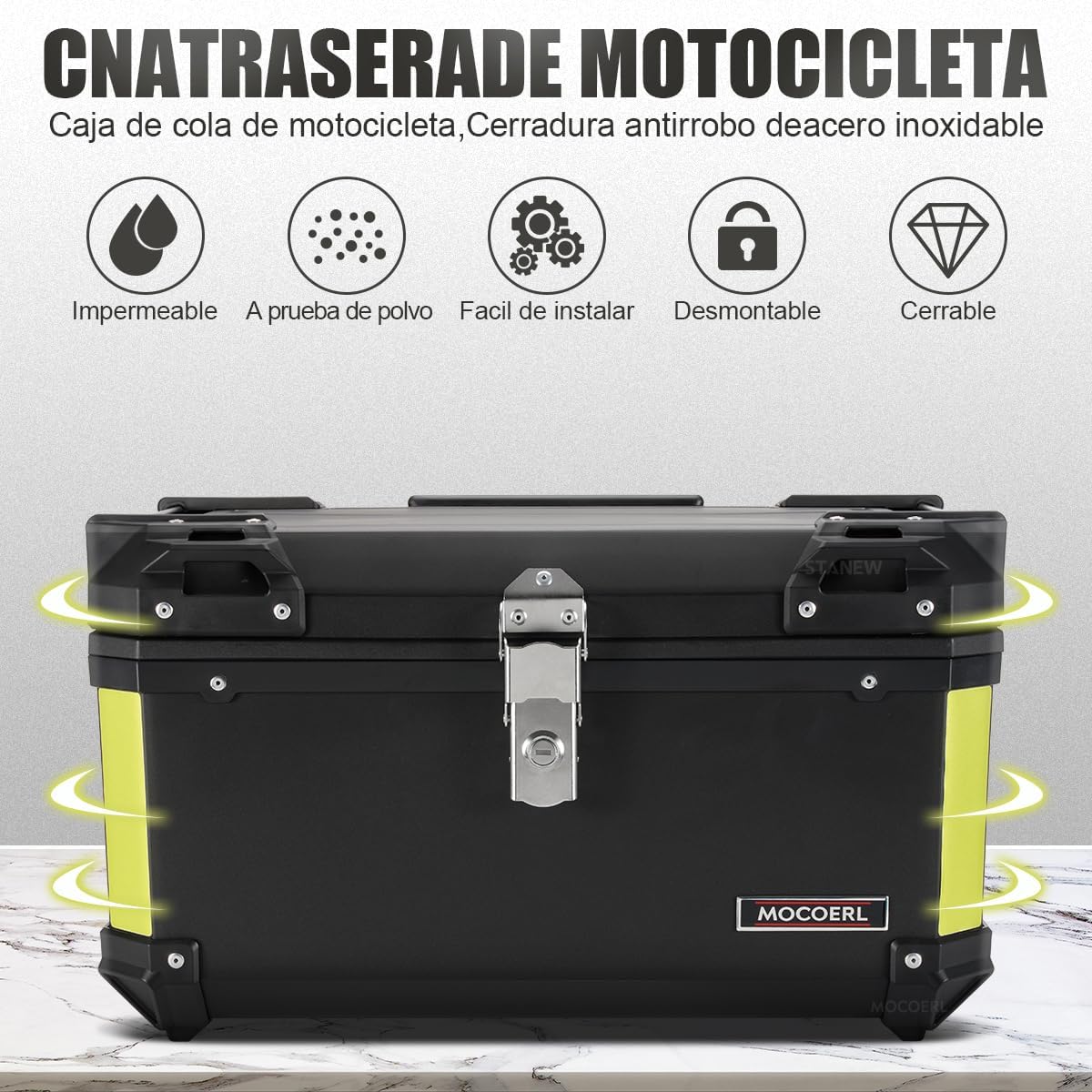 MOCOERL-Impermeable Baul Trasero Caja Moto Abs Respaldo Acojinado 60L Puede contener 2 casco Con cierre de seguridad de acero inoxidable Negro