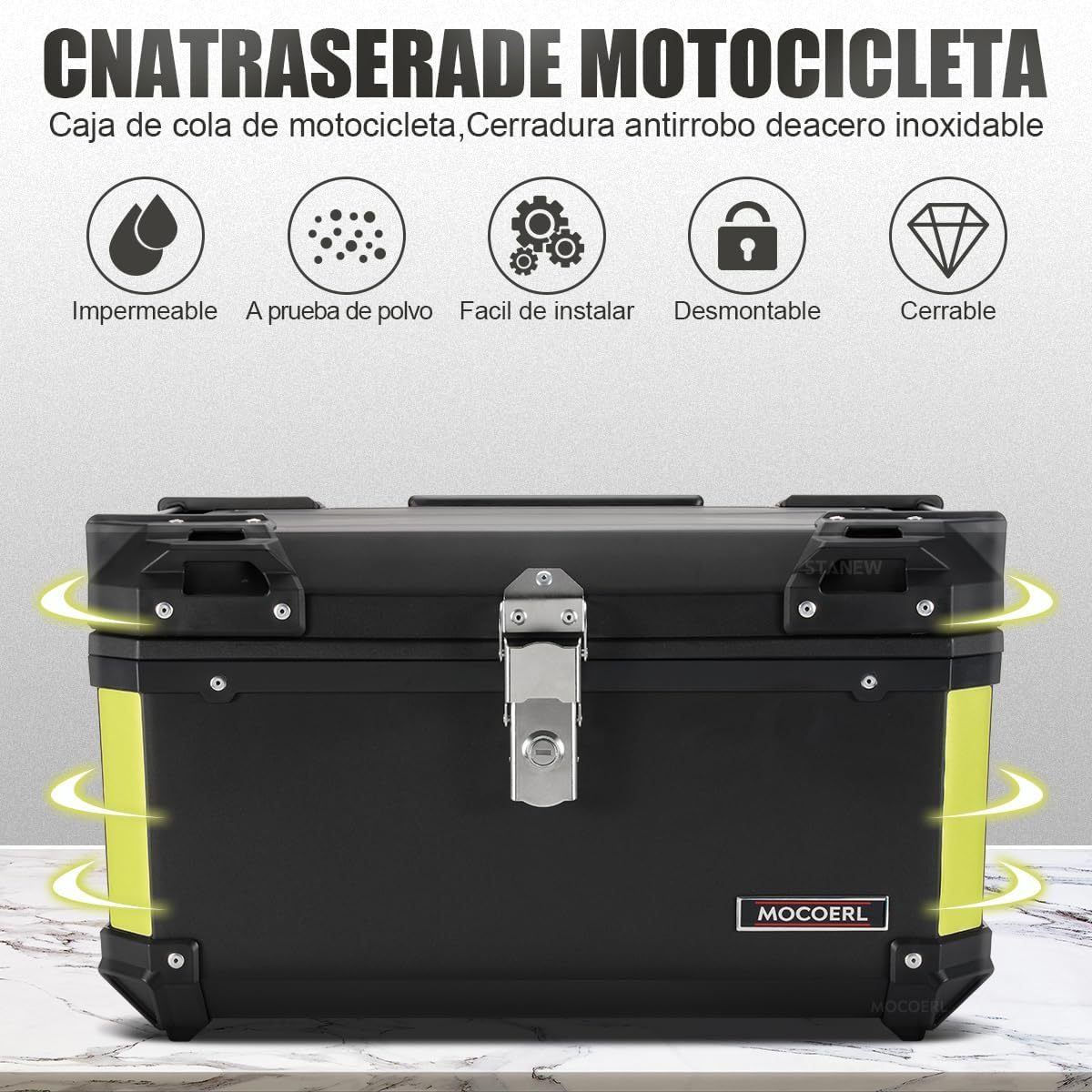 MOCOERL-Impermeable Baul Trasero Caja Moto Abs Respaldo Acojinado 60L Puede contener 2 casco Con cierre de seguridad de acero inoxidable Negro