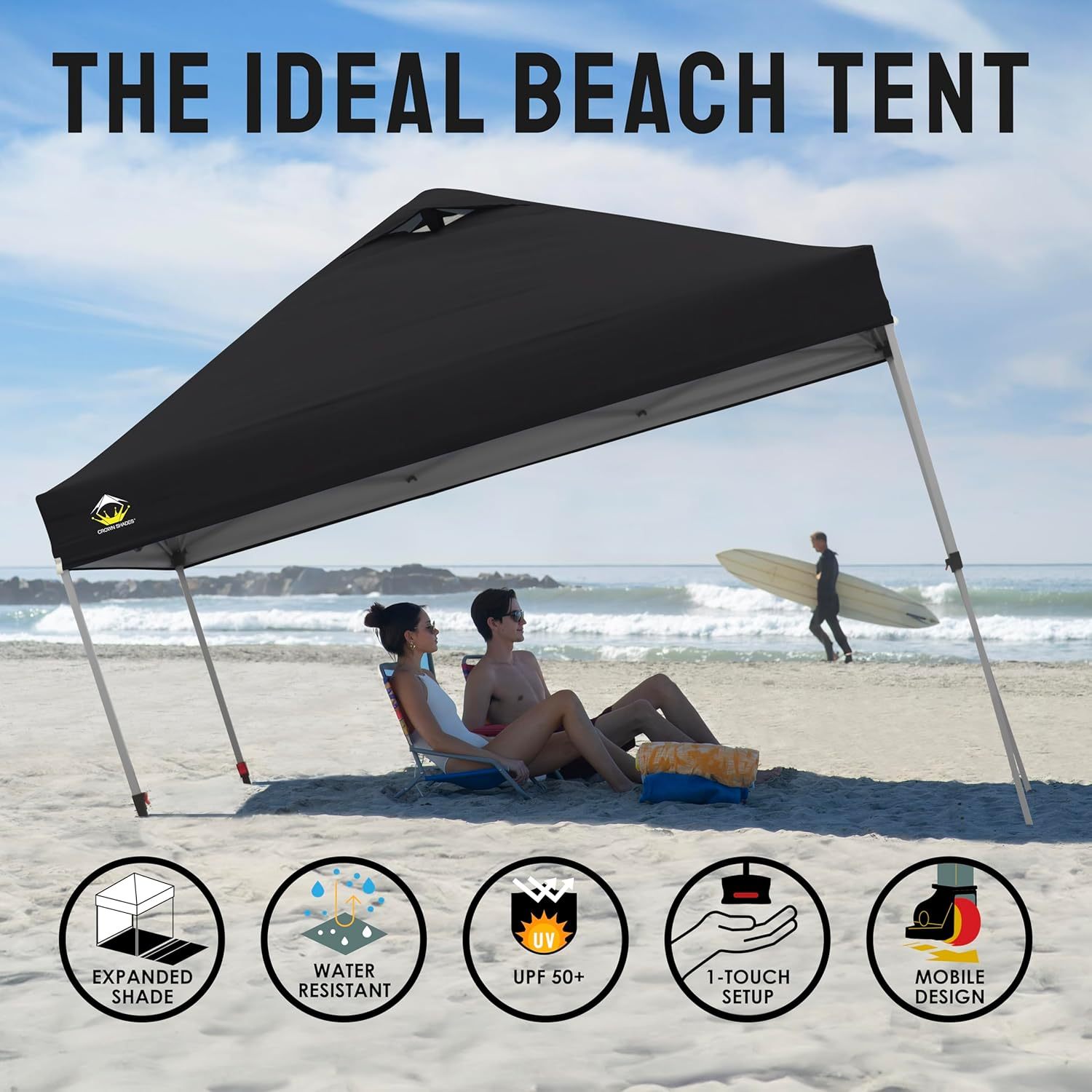 CROWN SHADES - Toldo desplegable para la Playa, fácil de armar, para el Aire Libre, Eventos, Fiestas, Campamento, Cubierta STO-N-Go, Parte Superior recubierta de Plata, 10 x 10 Pulgadas, Blanco