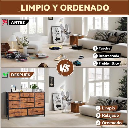 FURRIFIC Cómoda Gran Capacidad de 9 Cajones,115 * 75 * 35cm,Cajonera para Recamara,Ropa,Hogar Y Oficina,Organizador Cajonera de Estructura Metal con Cajones de Tela en 3 Tamaños