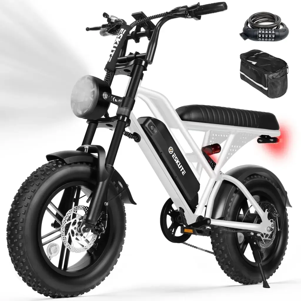 ⚡ESKUTE V100 Bicicleta Eléctrica para Adultos, Llantas Gruesas Fat‑Tire 16" Todoterreno, Motor Pico 1500W, Batería 48V 13Ah Larga Autonomía, Velocidad 45 km/h, Doble Suspensión, Ideal para Desplazamientos y Camping