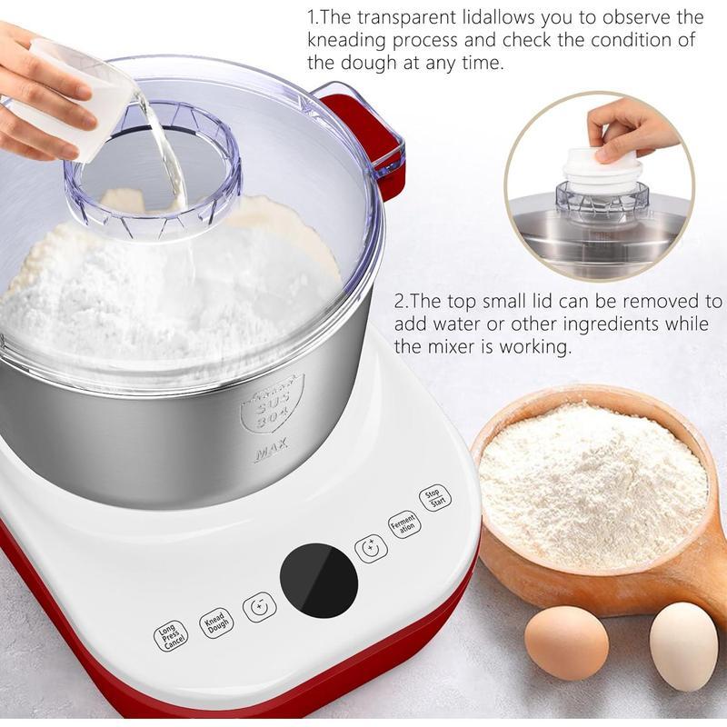 Amasadora eléctrica DoughChief de 7 litros con función de fermentación, amasadora con bol de acero inoxidable 304, control por microprocesador, panel táctil frontal y fácil de limpiar, ideal para pan y pizza.