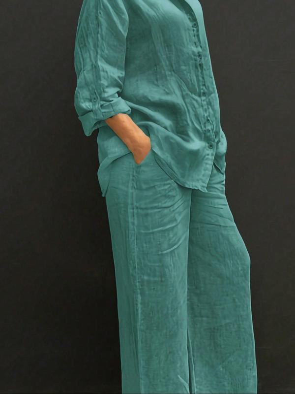 Women's Solid Color Shirt & Wide Leg Pants Set, Casual Fashion Cozy Breathable Two-piece Outfits for Daily Outdoor Wear, Women Clothes for Spring Fall