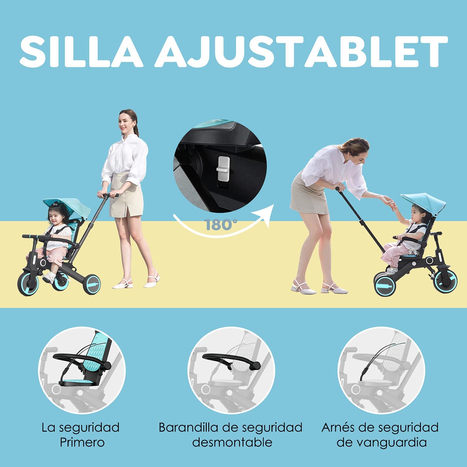 Triciclo de bebé 4 en 1, Bici polivalente, cochecito de dirección plegable, bicicleta de aprendizaje con barandilla desmontable, con toldo ajustable, arnés de seguridad, pedales plegable, freno, asa de empuje para padres, diseño de absorción de impactos,
