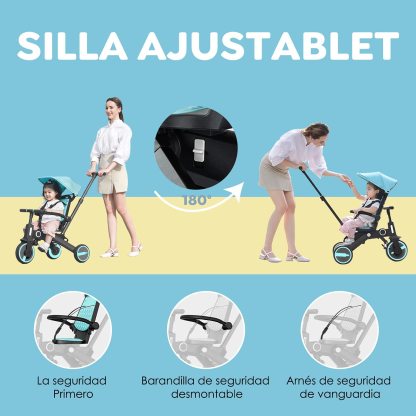 Triciclo de bebé 4 en 1, Bici polivalente, cochecito de dirección plegable, bicicleta de aprendizaje con barandilla desmontable, con toldo ajustable, arnés de seguridad, pedales plegable, freno, asa de empuje para padres, diseño de absorción de impactos,