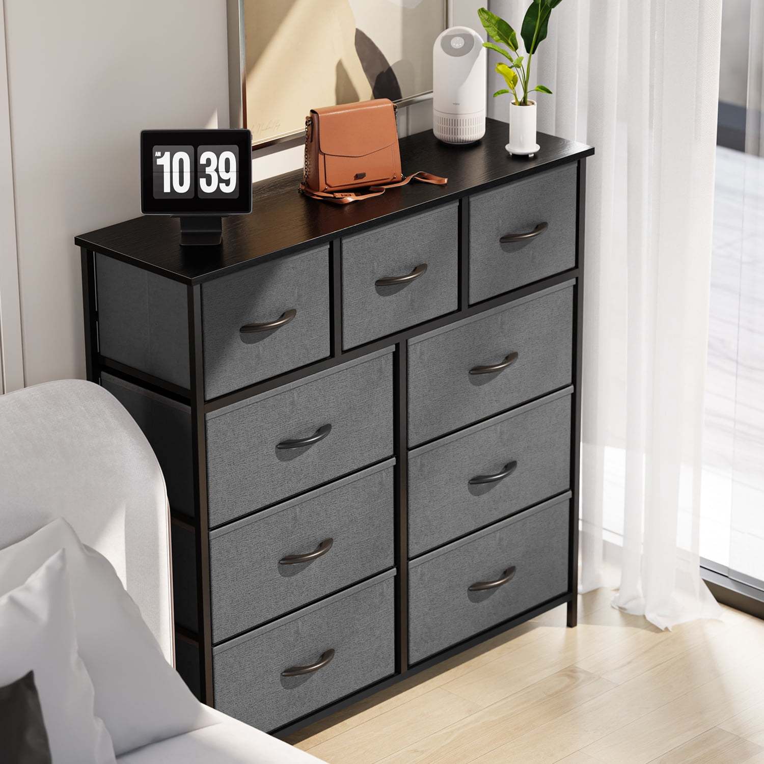 Yanming Cómoda de Tela con 9 cajones, Estructura de Acero y Tapa de Madera para Dormitorio, Armario, Entrada