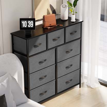 Yanming Cómoda de Tela con 9 cajones, Estructura de Acero y Tapa de Madera para Dormitorio, Armario, Entrada