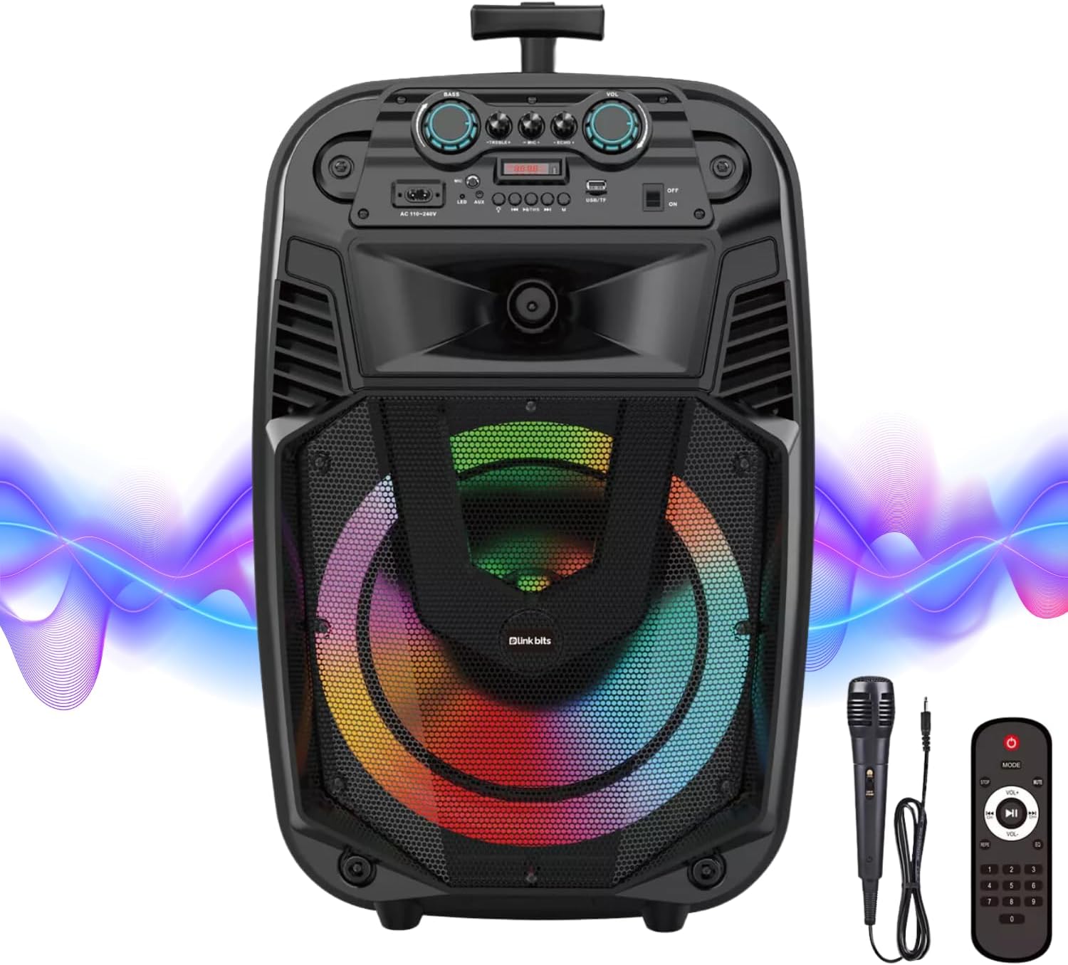 LINK BITS BM15013K Bocina Bluetooth Grande 15 Pulgadas, Recargable Altavoces Speaker Control y micrófono, bafle Super Buffer Karaoke para Fiesta con Luz Led