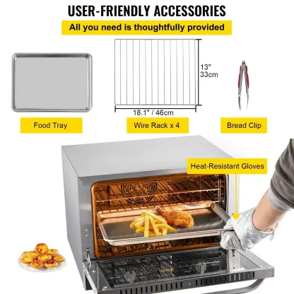 👨‍🍳🍞Horno de convección comercial, 66 L (60 cuartos de galón), 🍕tamaño compacto (half-size) para encimera, 1800 W, 4 niveles, puerta frontal de vidrio, horno eléctrico para hornear con bandejas, rejillas, pinzas y guantes, 120 V, certificado ETL.