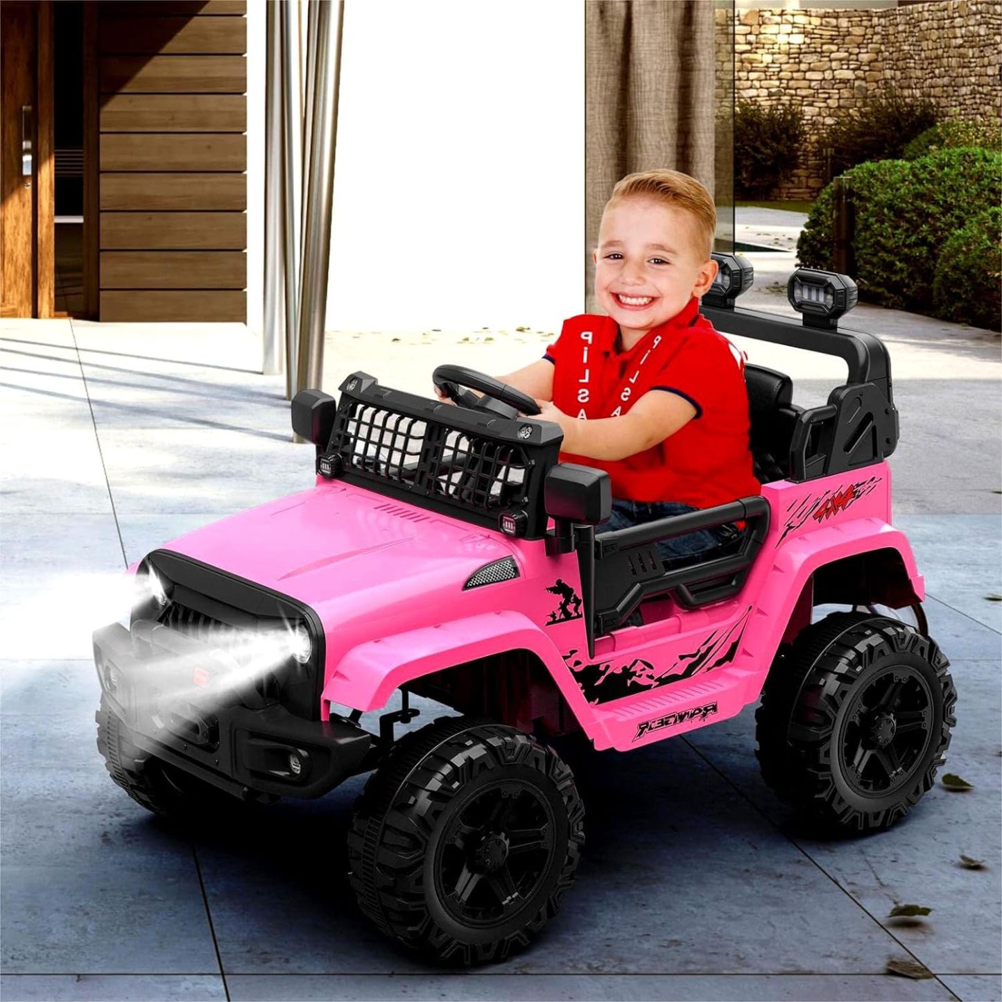 Hetoy Ride on Truck Car 12V Kids Electric Vehicles with Remote Control Spring Suspension, LED Lights, Bluetooth, 2 Speeds