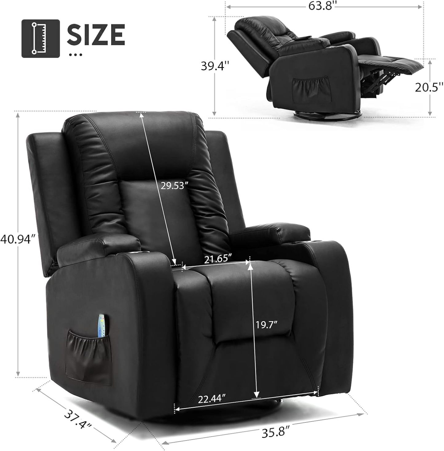 COMHOMA - Silla reclinable de Piel con calefacción y Masaje ergonómico Giratorio de 360 Grados, Soporte para Bebidas para sofá Individual, Silla de Sala de Estar, Color Negro