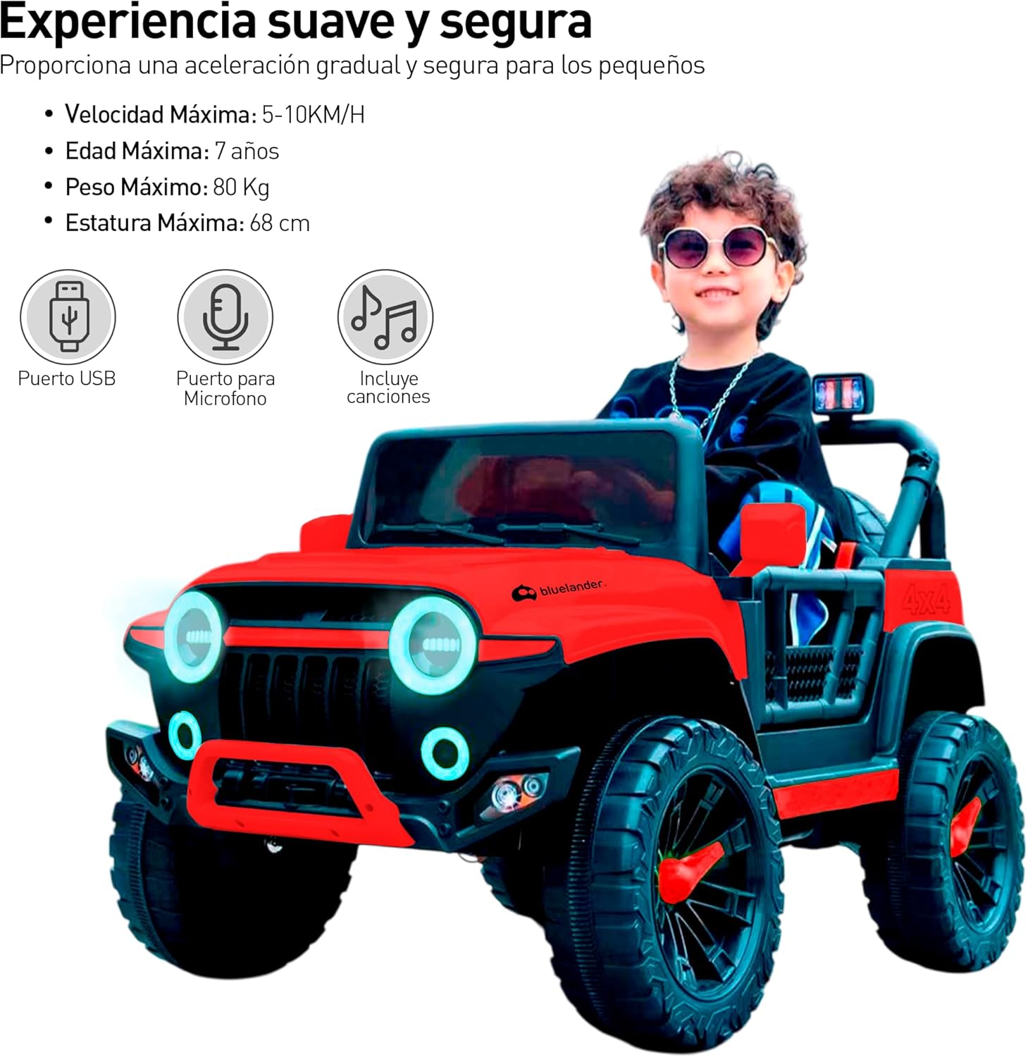 Bluelander Carro Electrico Tipo Jeep Montable Niño Niña, 69*61*105 Cm, Carro Electrico 5 KM/H, Carrito Montable Electrico Musical, Luz Led, Control Remoto, Puerto USB, MIC, Bateria Recargable (Rojo)