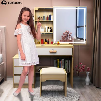 Bluelander Tocador De Niña, Tocador Vanity, Tocador para Niña, Vanity Tocador Hollywood, Tocador de Maquillaje con 4 Cajones, Estantes Ocultos, Incluye Taburete Acolchado, Espejo Led (Gris Claro)