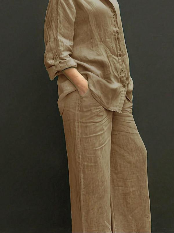 Women's Solid Color Shirt & Wide Leg Pants Set, Casual Fashion Cozy Breathable Two-piece Outfits for Daily Outdoor Wear, Women Clothes for Spring Fall