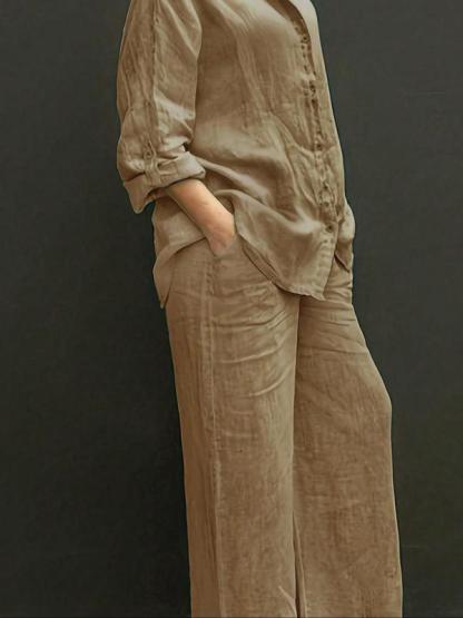 Women's Solid Color Shirt & Wide Leg Pants Set, Casual Fashion Cozy Breathable Two-piece Outfits for Daily Outdoor Wear, Women Clothes for Spring Fall