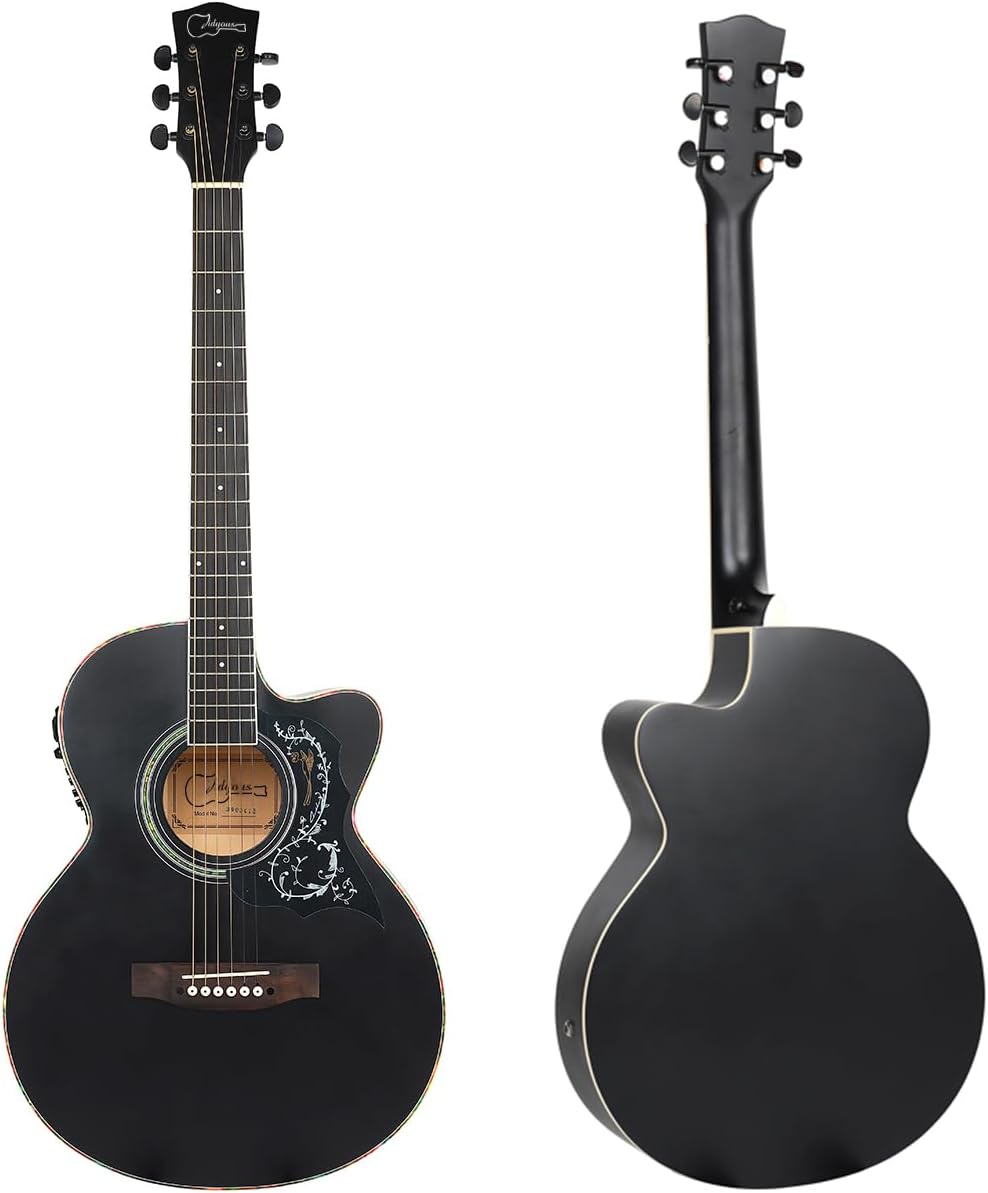 Kit de guitarra eléctrica acústica de 39 pulgadas con ecualizador de 4 bandas con estuche, juego de cuerdas, capo, paño de limpieza, afinador, púas, correa para el hombro y cable (Black)