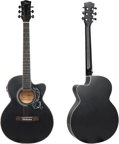 Kit de guitarra eléctrica acústica de 39 pulgadas con ecualizador de 4 bandas con estuche, juego de cuerdas, capo, paño de limpieza, afinador, púas, correa para el hombro y cable (Black)