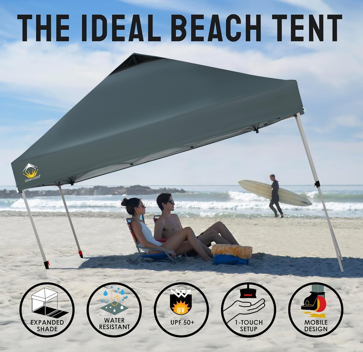 CROWN SHADES - Toldo desplegable para la Playa, fácil de armar, para el Aire Libre, Eventos, Fiestas, Campamento, Cubierta STO-N-Go, Parte Superior recubierta de Plata, 10 x 10 Pulgadas, Blanco