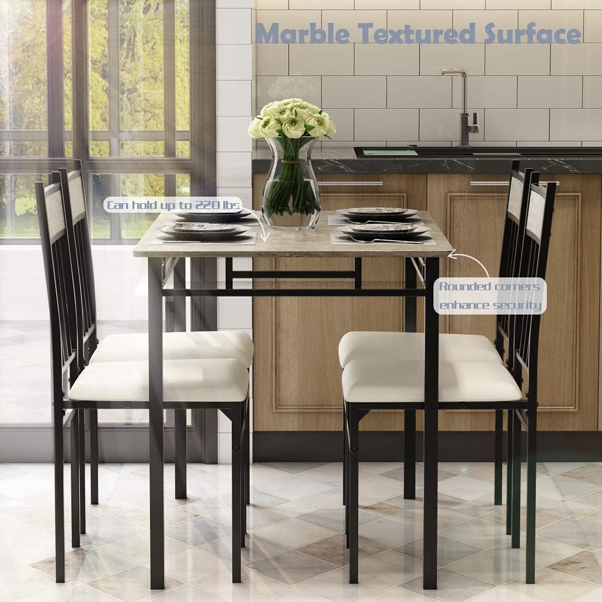 Juego de mesa de comedor de cocina de 5 piezas Tangkula, juego de mesa y sillas modernas que incluye 1 mesa rectangular y cuatro sillas de respaldo alto, marco de metal y asiento acolchado, tablero de mesa de mármol sintético (gris)