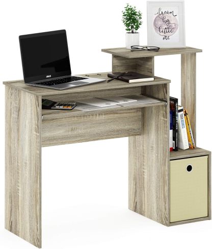 Furinno Econ Escritorio de escritura de computadora de oficina en casa multipropósito W/Bin, Blanco/Negro