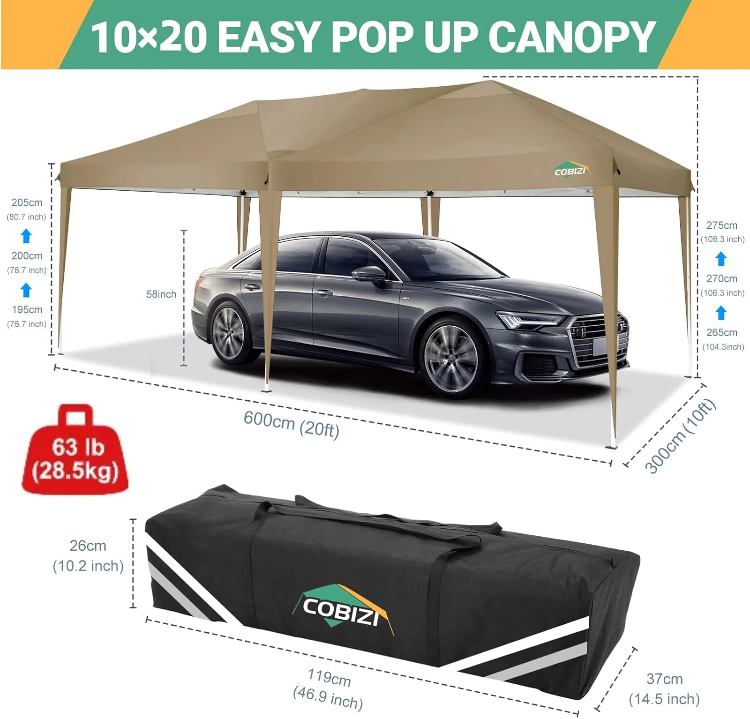 COBIZI - Toldo desplegable de 10 x 20 Pulgadas con 6 Paredes Laterales, toldo Impermeable para Eventos al Aire última intervensión, UPF 50+ cenador portátil para Fiestas, Playa, Camping, Boda,