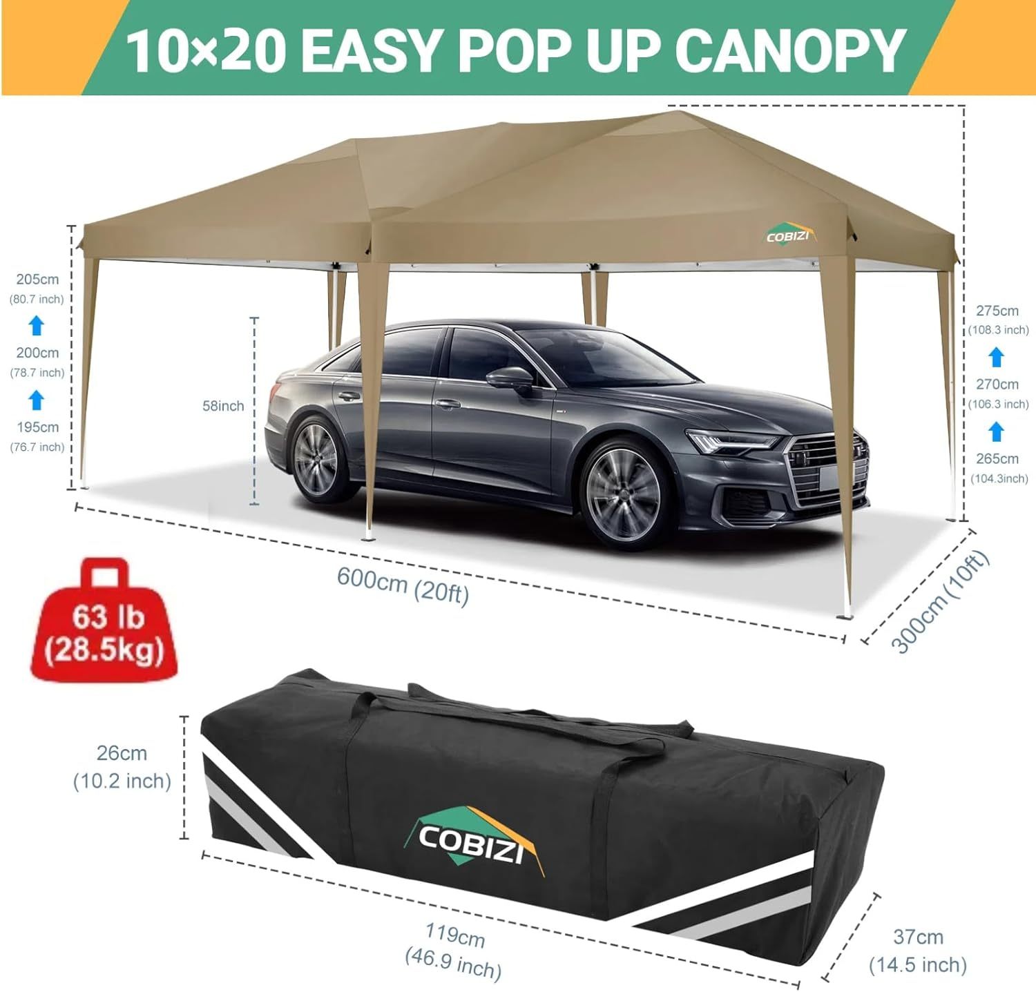 COBIZI - Toldo desplegable de 10 x 20 Pulgadas con 6 Paredes Laterales, toldo Impermeable para Eventos al Aire última intervensión, UPF 50+ cenador portátil para Fiestas, Playa, Camping, Boda,