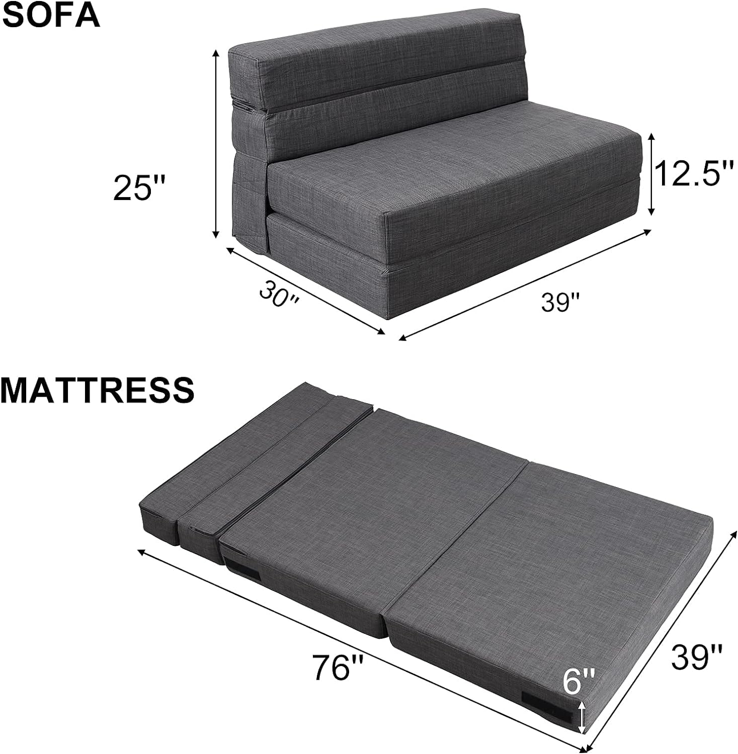 Silla reclinable Anoner, sofá cama plegable de 152 cm, diván con 2 cojines, funda lavable de espuma viscoelástica tamaño queen, color gris claro