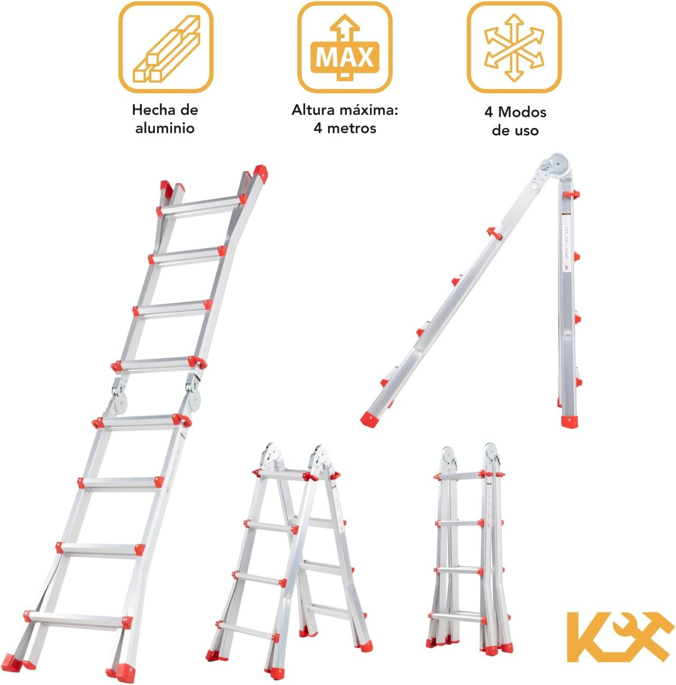 Kingsman | Escalera Multiposiciones 12 Peldaños con Charolas – Soporta hasta 150 kg – Escalera de Aluminio 3.5 MTS – Plegable – Escalera Multipropósito – Tipo Tijera – Andamio – Escalera Recta