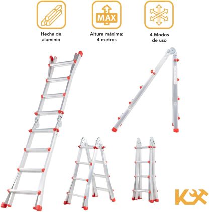 Kingsman | Escalera Multiposiciones 12 Peldaños con Charolas – Soporta hasta 150 kg – Escalera de Aluminio 3.5 MTS – Plegable – Escalera Multipropósito – Tipo Tijera – Andamio – Escalera Recta