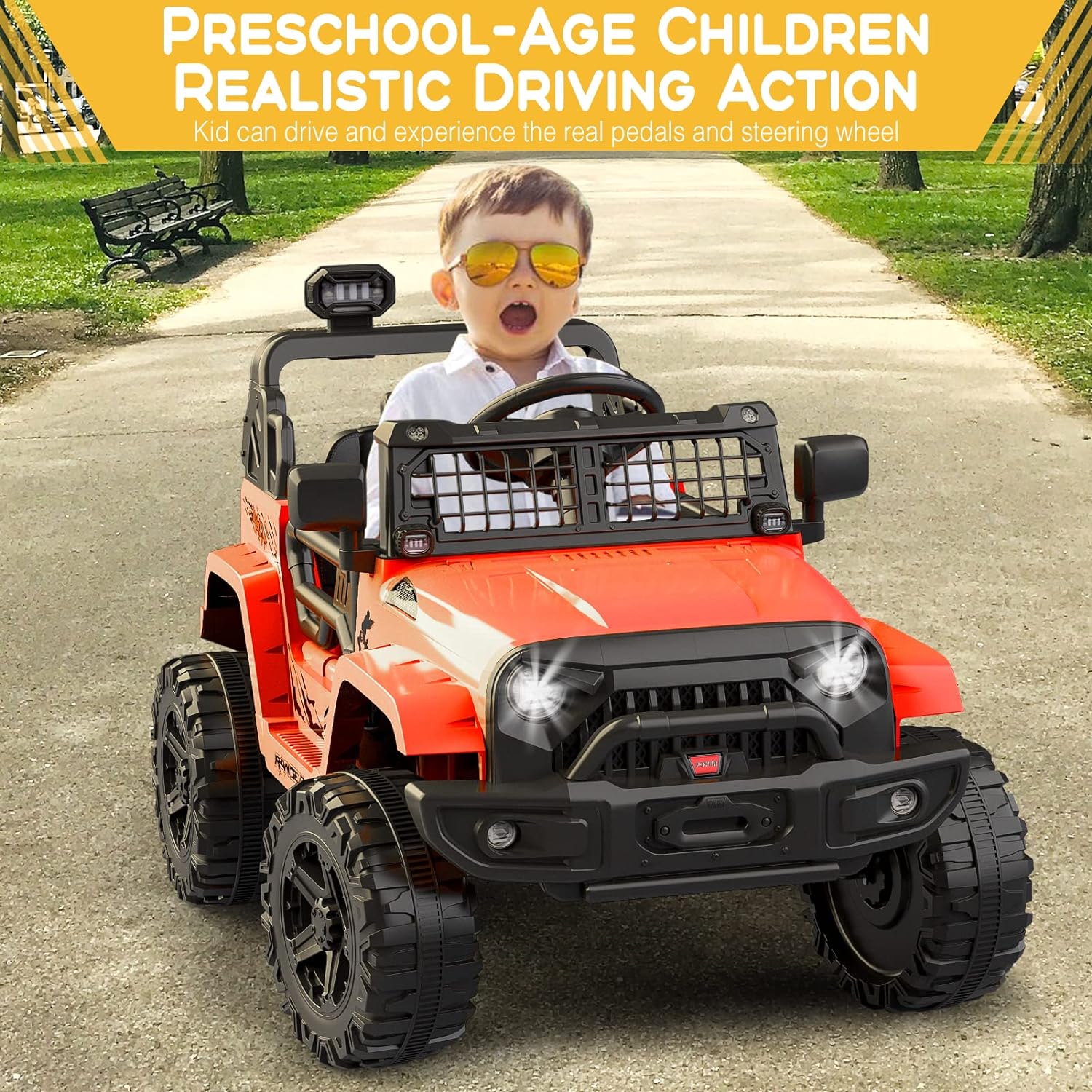 Hetoy Ride on Truck Car 12V Kids Electric Vehicles with Remote Control Spring Suspension, LED Lights, Bluetooth, 2 Speeds