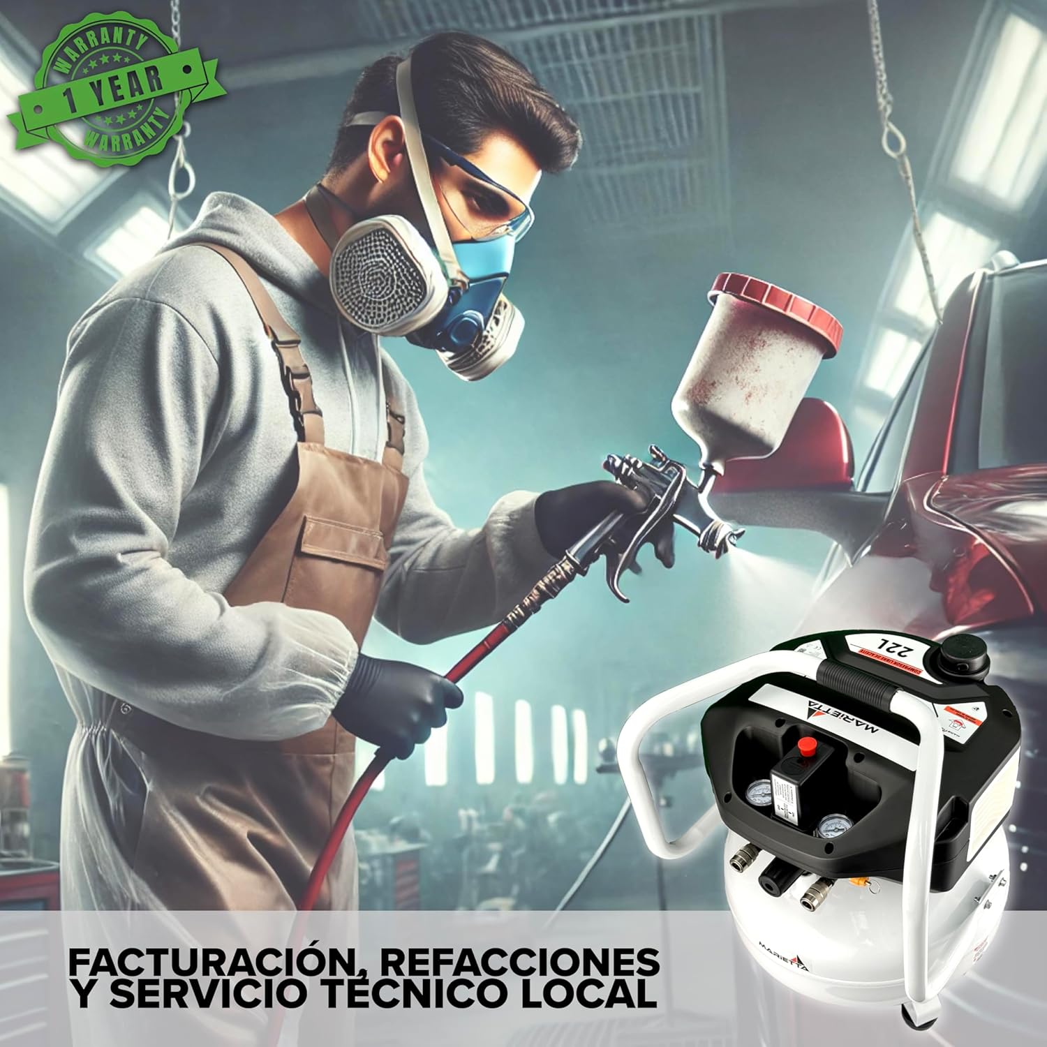 MARIETTA Compresor de Aire Libre de Aceite 1.5HP 22L Robusto con Kit de Accesorios y Manguera de 5 metros.