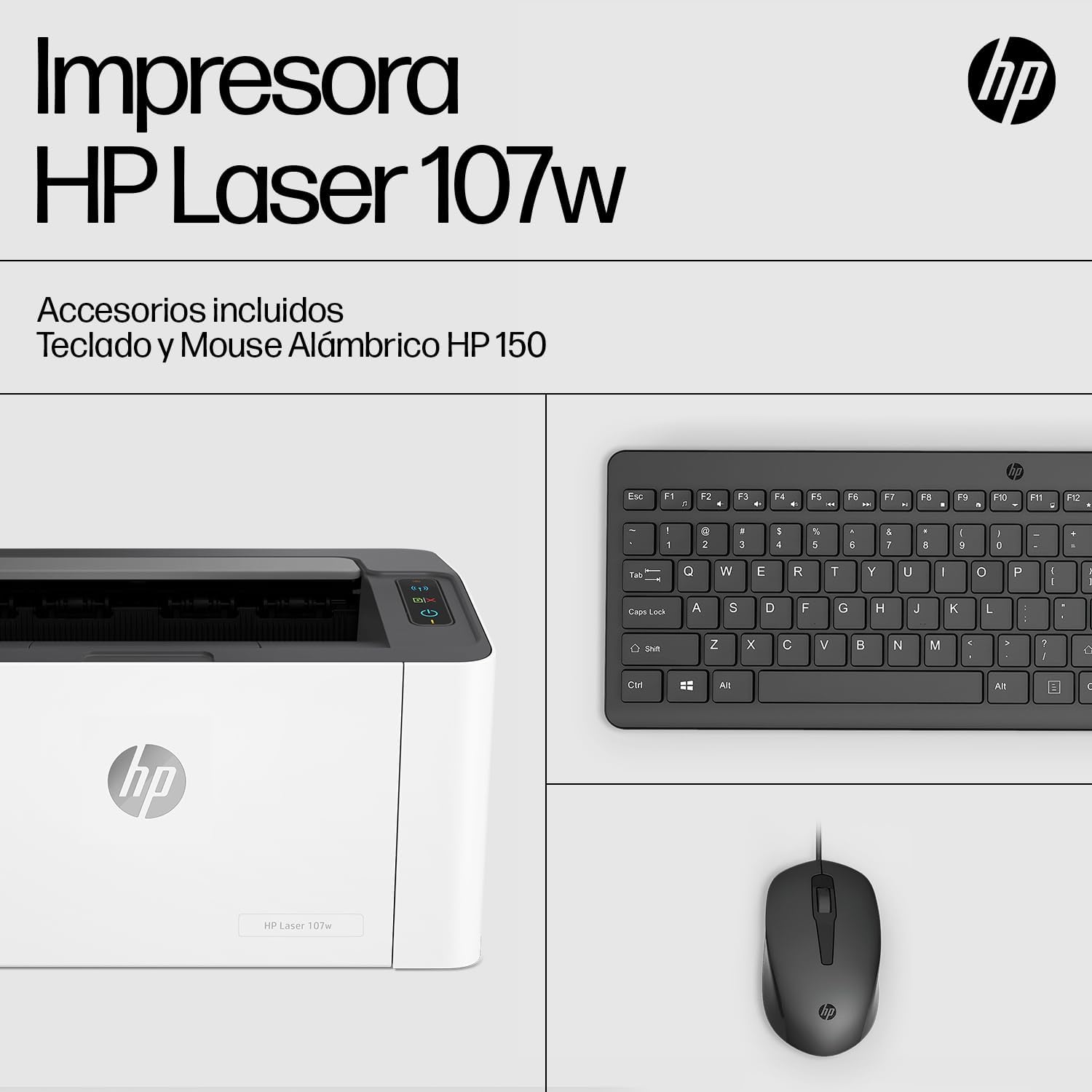 HP Impresora Laser 107w, Láser, Impresión en Negro, Wi-Fi, USB, Impresión y escanéo desde HP Smart App, Apple Air Print, Bandeja de 150 hojas, Pantalla LED (4ZB78A)
